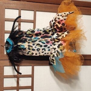 Sparkly Multicolor Leopard Print Tutu with Feather Trim at the Neck